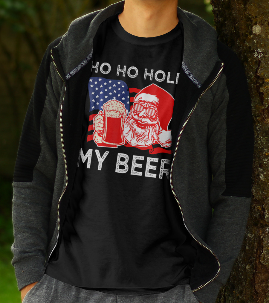 Ho Ho Hold My Beer Santa American Flag T-Shirt