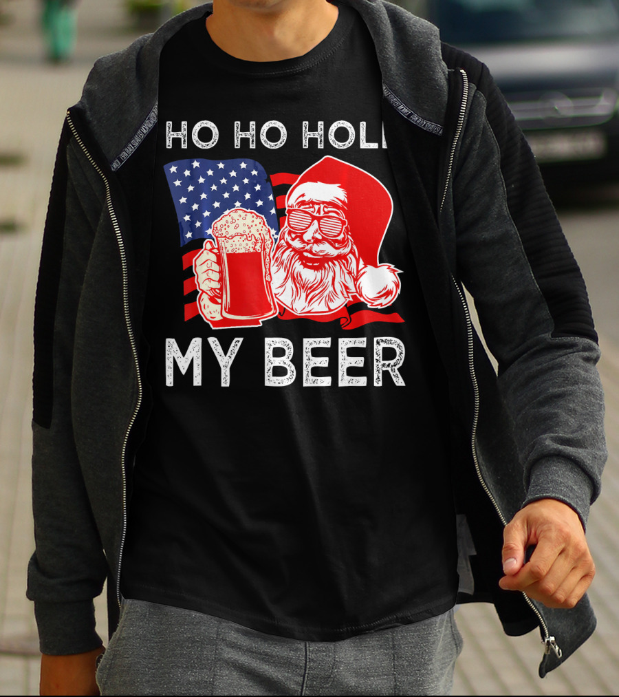 Ho Ho Hold My Beer Santa American Flag T-Shirt