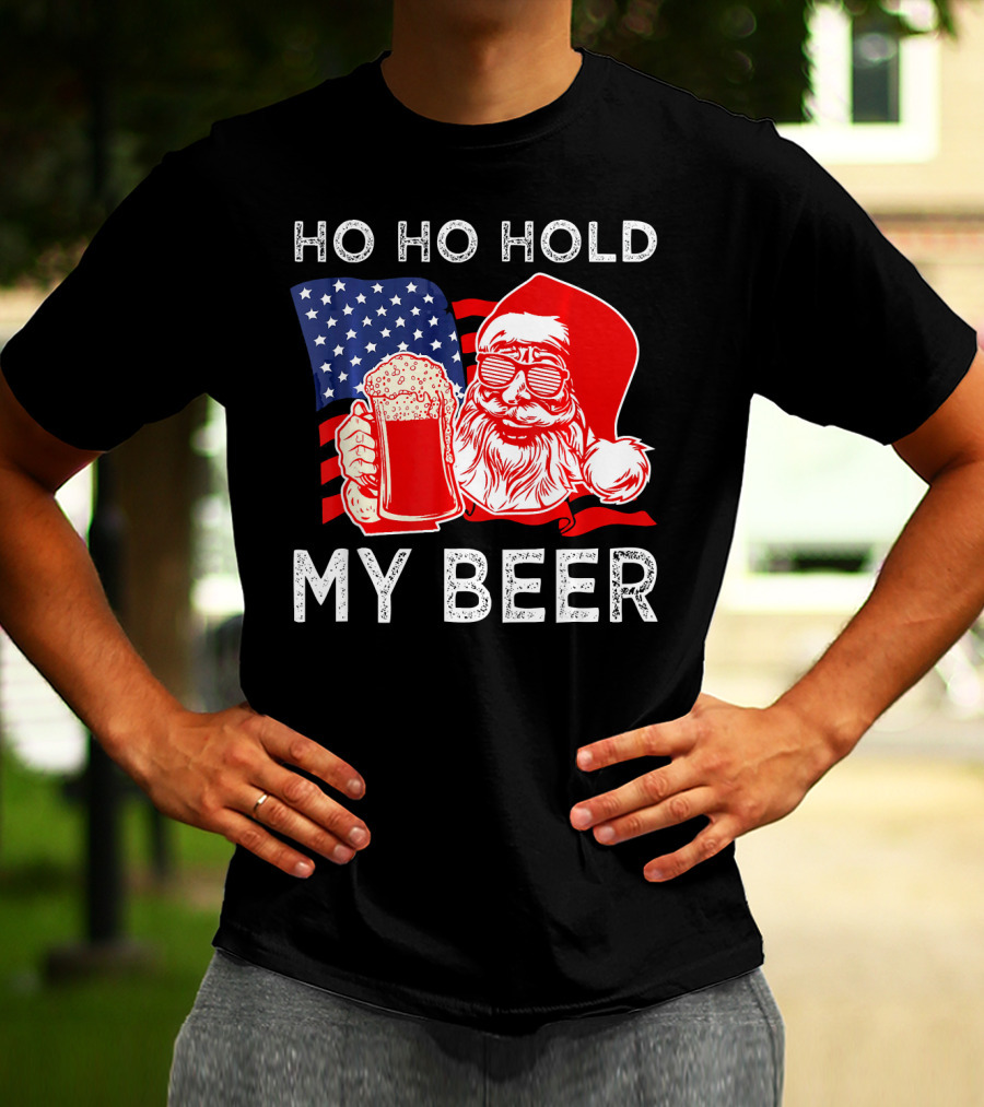 Ho Ho Hold My Beer Santa American Flag T-Shirt