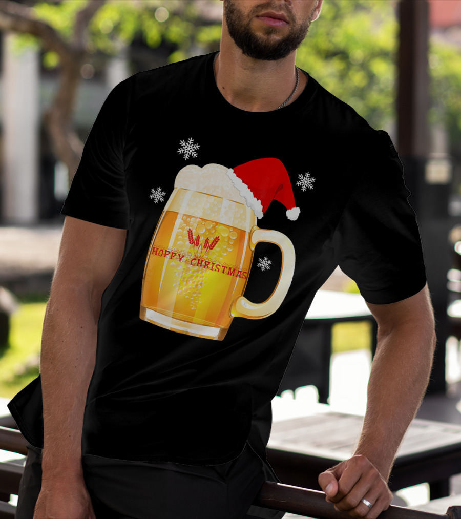 Hoppy Christmas Beer Santa Mug With Snowflakes T-Shirt