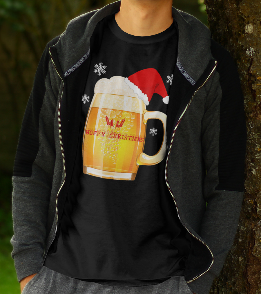 Hoppy Christmas Beer Santa Mug With Snowflakes T-Shirt