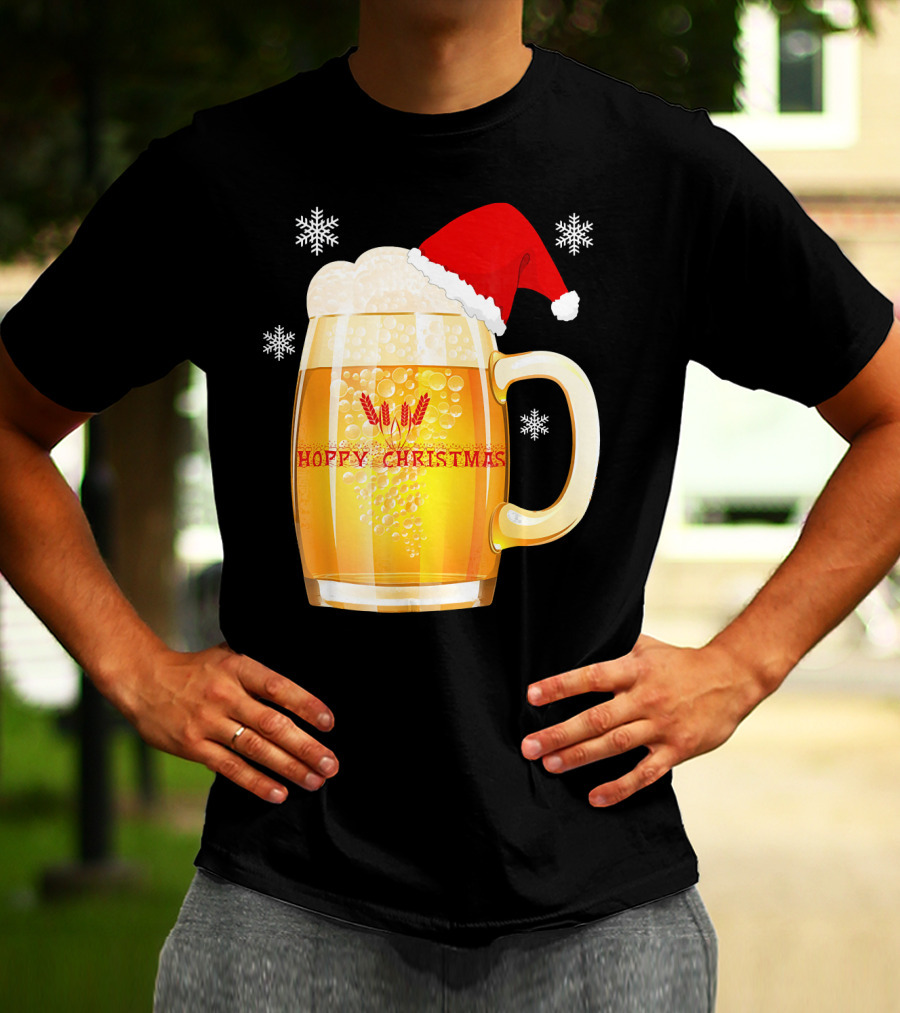 Hoppy Christmas Beer Santa Mug With Snowflakes T-Shirt