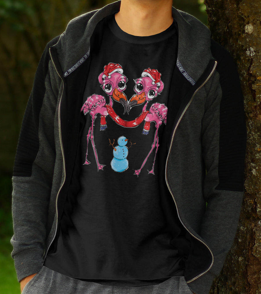 Snowman Xmas Santa Claus Hat Flamingo Chris T-Shirt