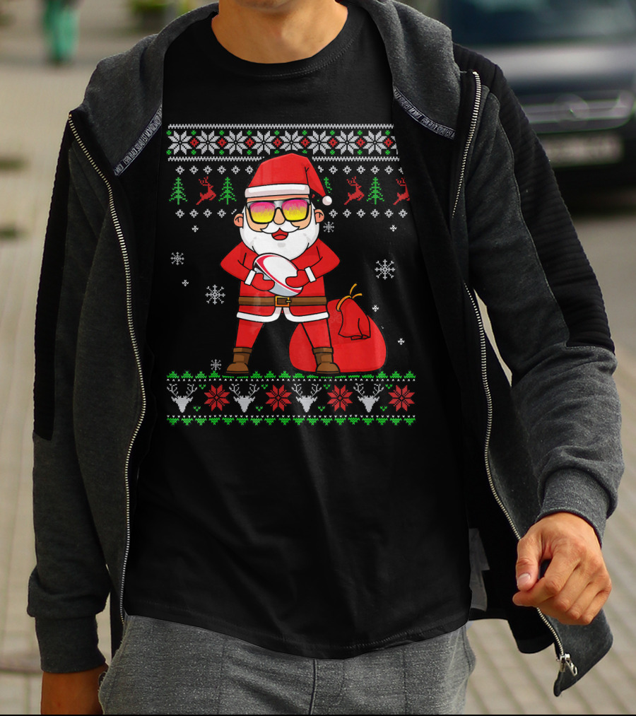 Rugby Ugly Christmas Santa Claus With Sunglasses Snowflakes Reindeer T-Shirt