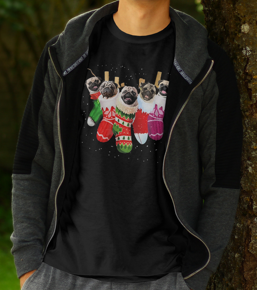 Pug Heads In Colorful Christmas Stockings With Snowflakes T-Shirt