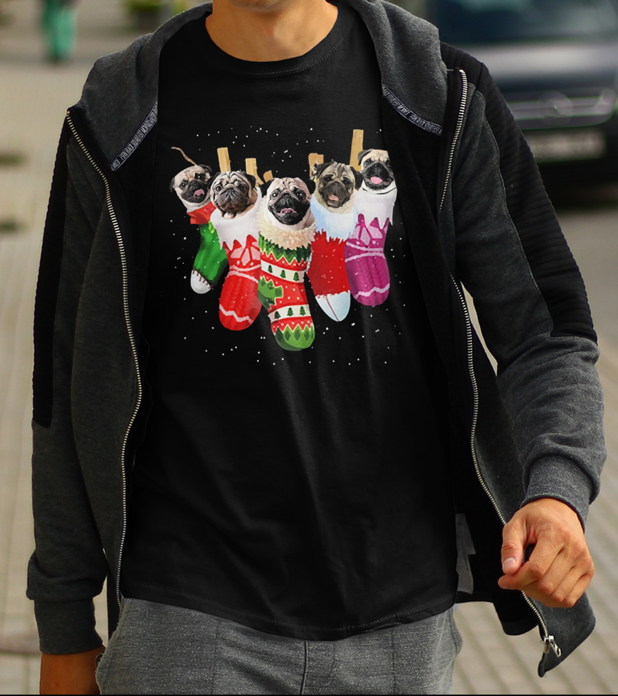 Pug Heads In Colorful Christmas Stockings With Snowflakes T-Shirt