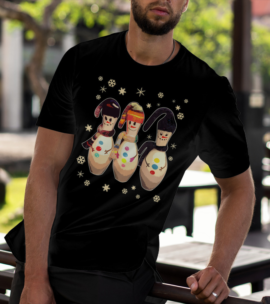 Bowling Pins Winter Snowman Scarves Hats Snowflakes T-Shirt