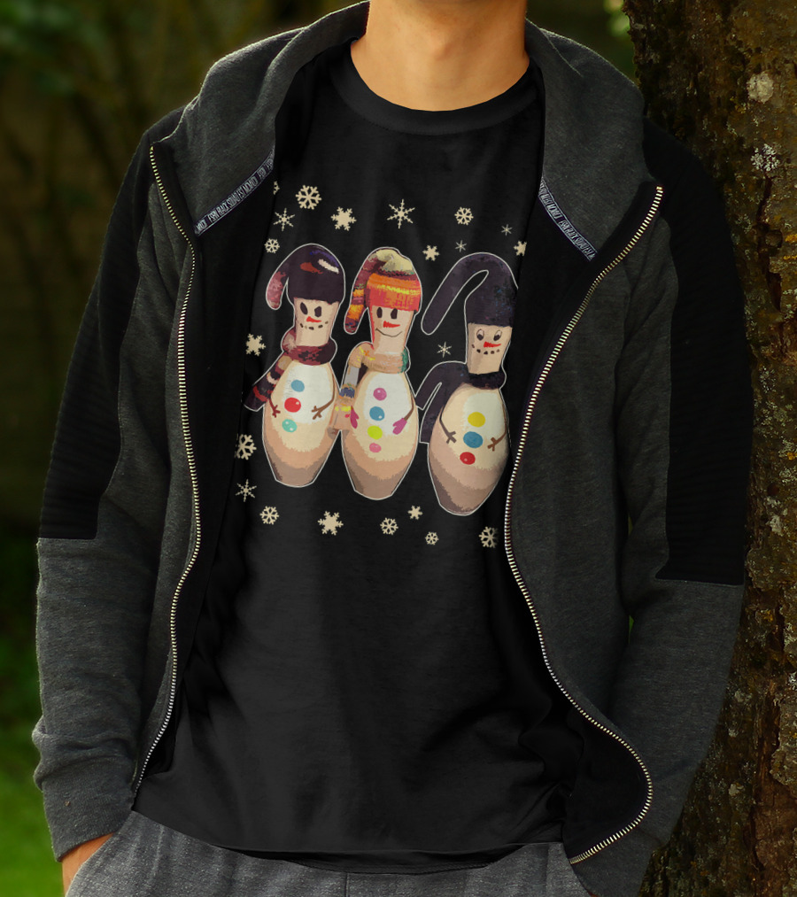 Bowling Pins Winter Snowman Scarves Hats Snowflakes T-Shirt