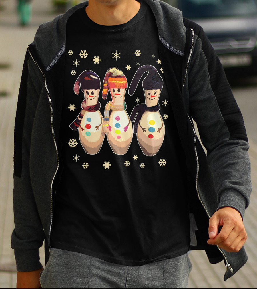 Bowling Pins Winter Snowman Scarves Hats Snowflakes T-Shirt