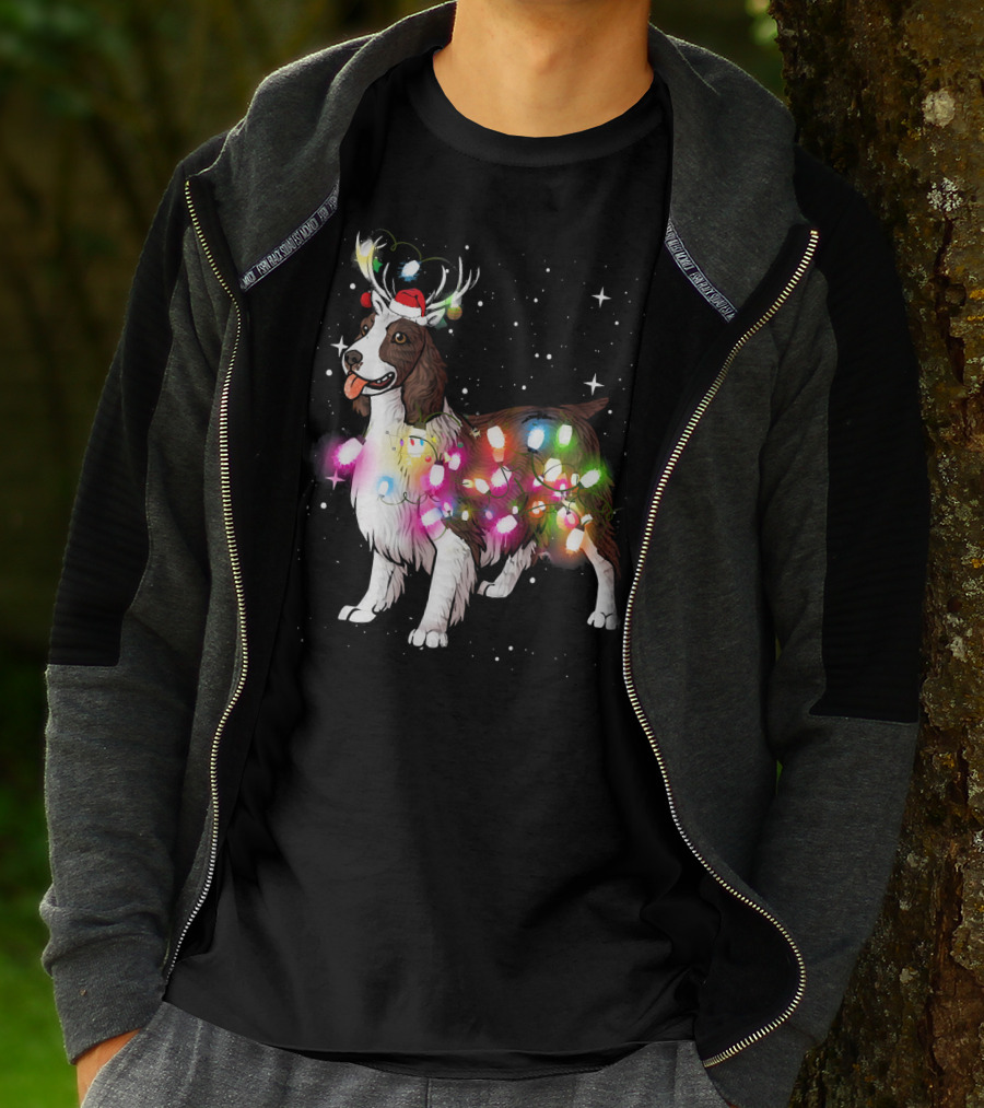Christmas Lights English Springer Spaniel With Reindeer Antlers And Santa Hat T-Shirt