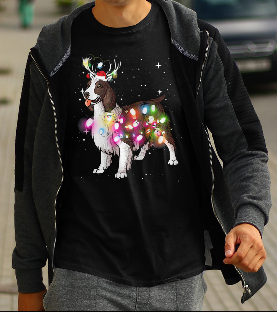 Christmas Lights English Springer Spaniel With Reindeer Antlers And Santa Hat T-Shirt
