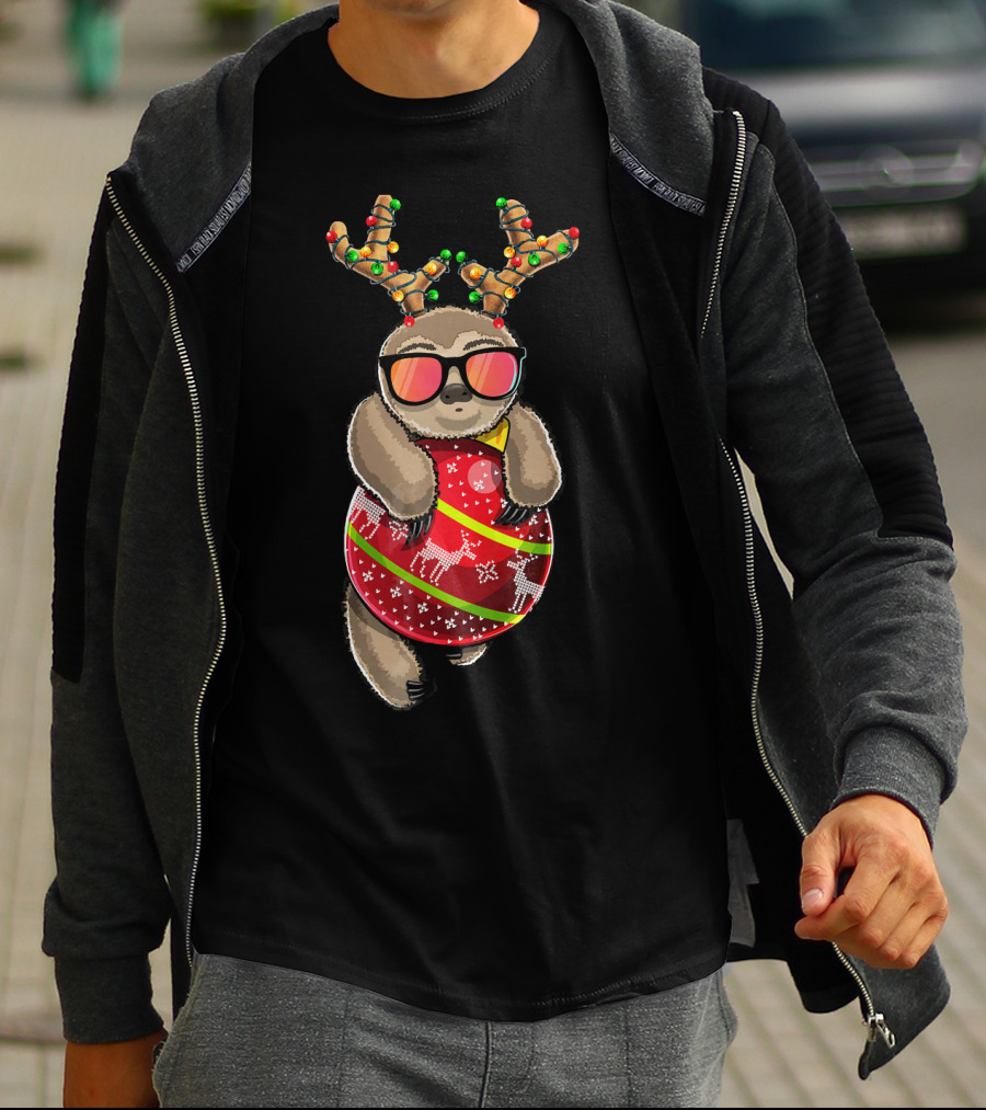 Christmas Sloth Reindeer Ornament Holiday Lights Festive Fashion T-Shirt