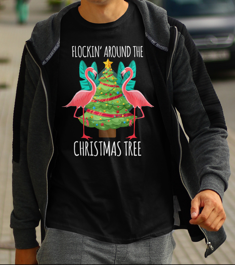 Flockin' Around The Christmas Tree Flamingos T-Shirt