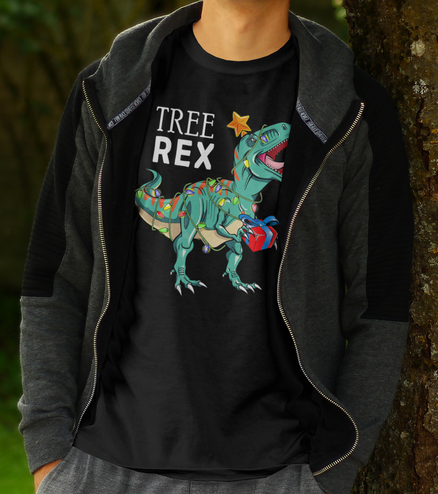Tree Rex Dinosaur With Christmas Lights And Gift T-Shirt