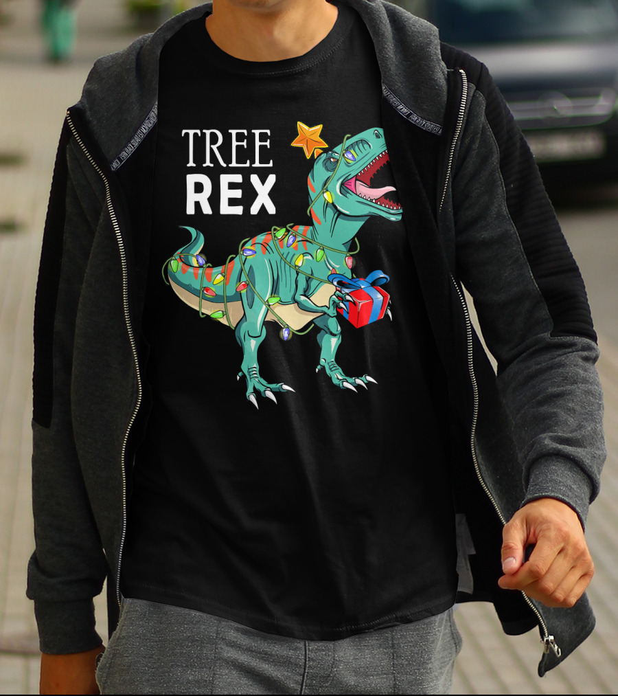 Tree Rex Dinosaur With Christmas Lights And Gift T-Shirt