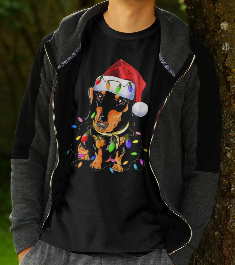 Dachshund Christmas Loves LED Lights Santa Hat T-Shirt