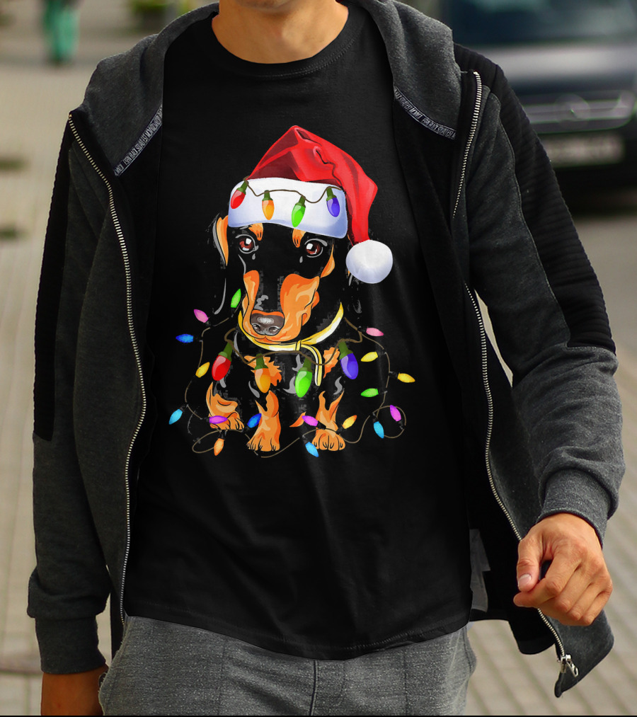 Dachshund Christmas Loves LED Lights Santa Hat T-Shirt