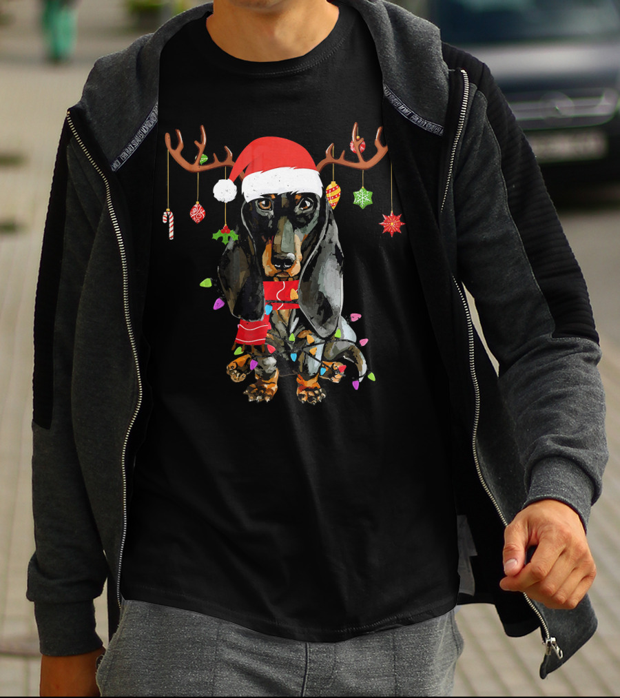 Funny Dachshund Christmas Reindeer Light Festive Holiday Puppy With Santa Hat And Antlers T-Shirt