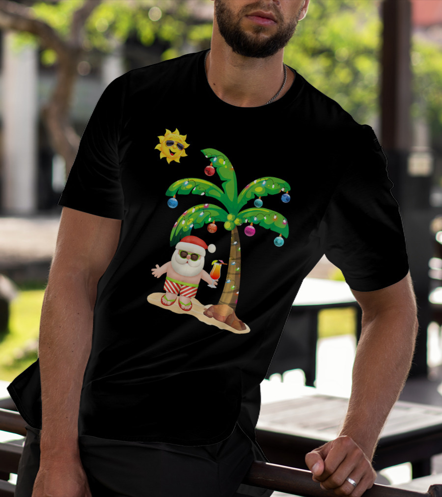 July Christmas Palm Tree Santa With Sunglasses And Cocktail T-Shirt