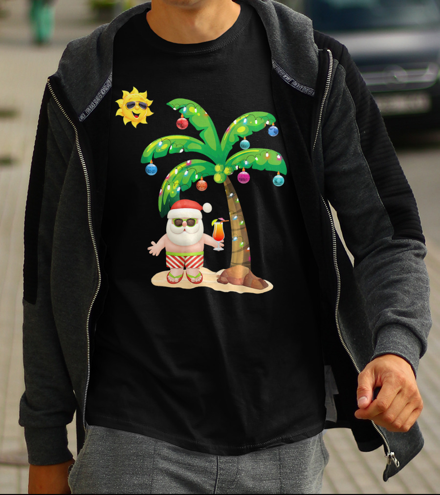 July Christmas Palm Tree Santa With Sunglasses And Cocktail T-Shirt