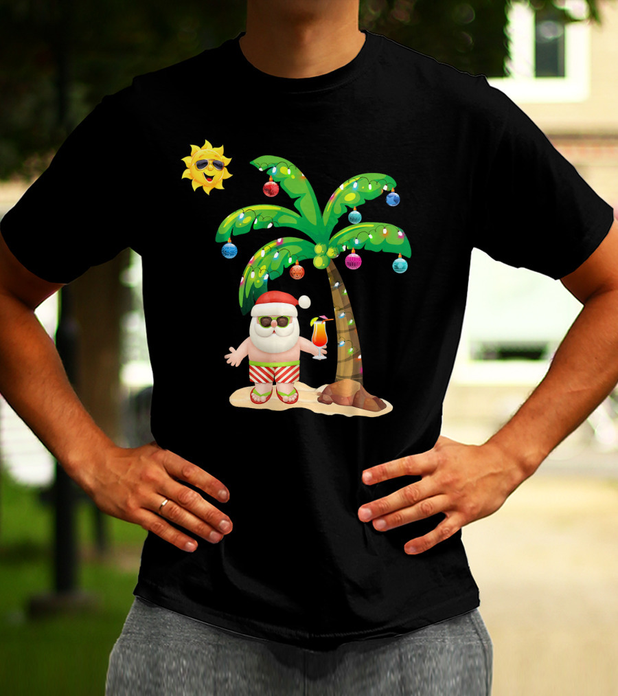 July Christmas Palm Tree Santa With Sunglasses And Cocktail T-Shirt