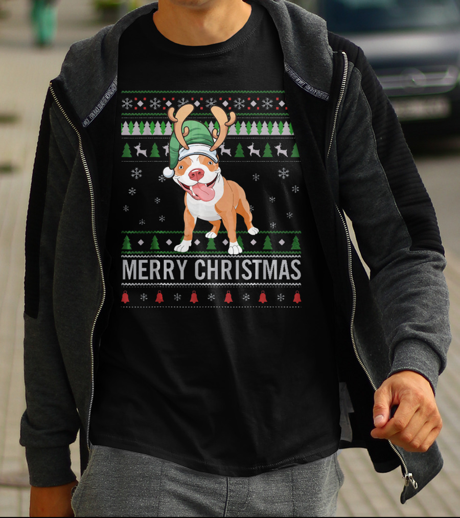 Merry Christmas Pitbull Dog Reindeer Antlers Festive T-Shirt