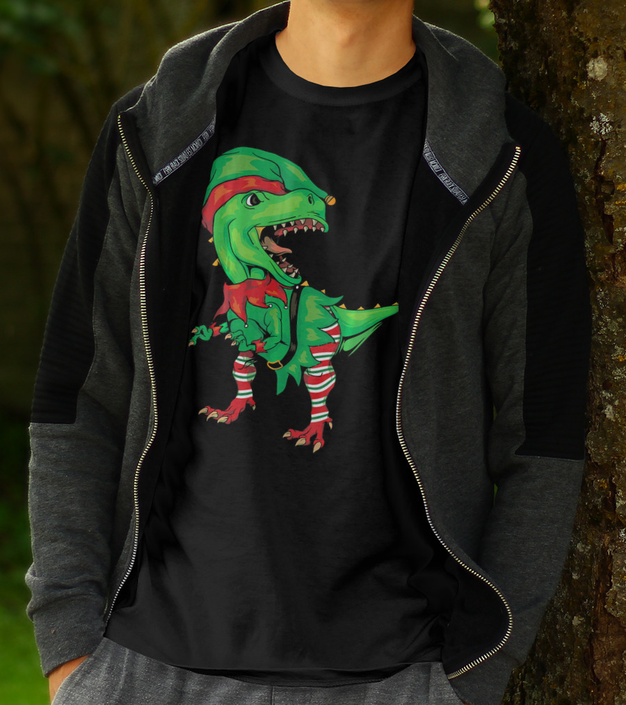 Christmas Dinosaur In Elf Costume T-Shirt