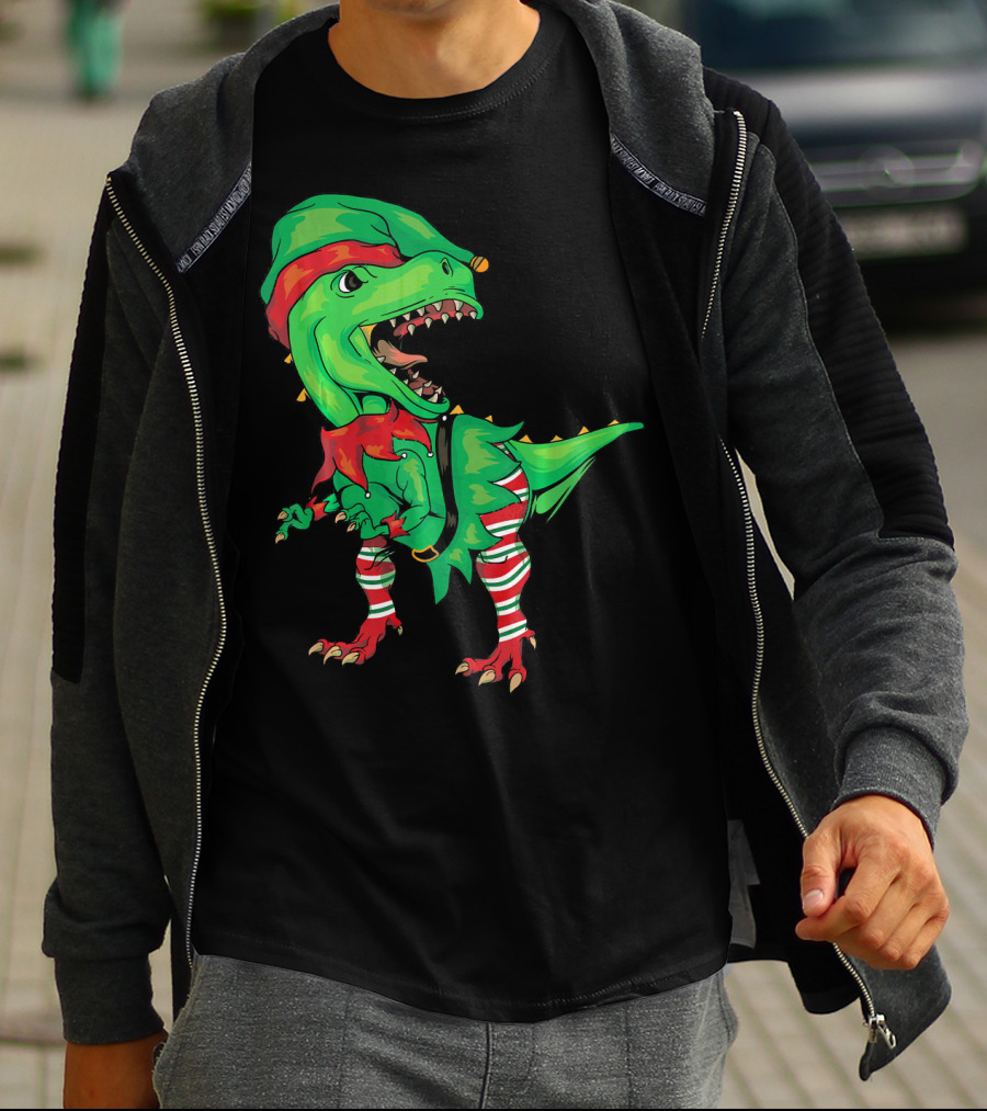 Christmas Dinosaur In Elf Costume T-Shirt
