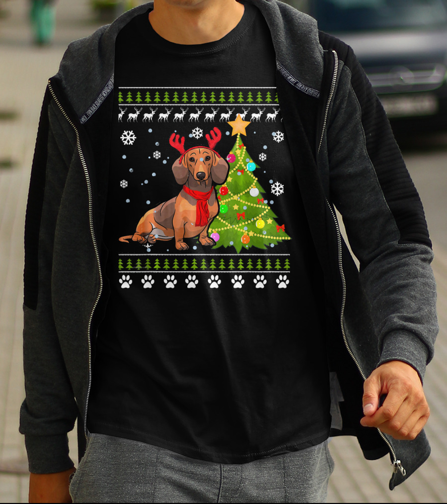 Dachshund Ugly Christmas Reindeer Antlers Christmas Tree Snowflakes T-Shirt