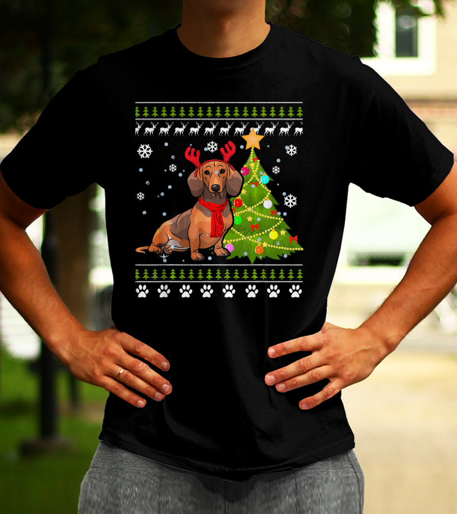 Dachshund Ugly Christmas Reindeer Antlers Christmas Tree Snowflakes T-Shirt