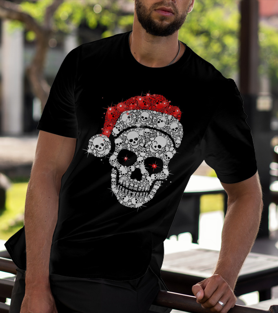 Shiny Skull Rhinestone Santa Hat Christmas Skulls T-Shirt