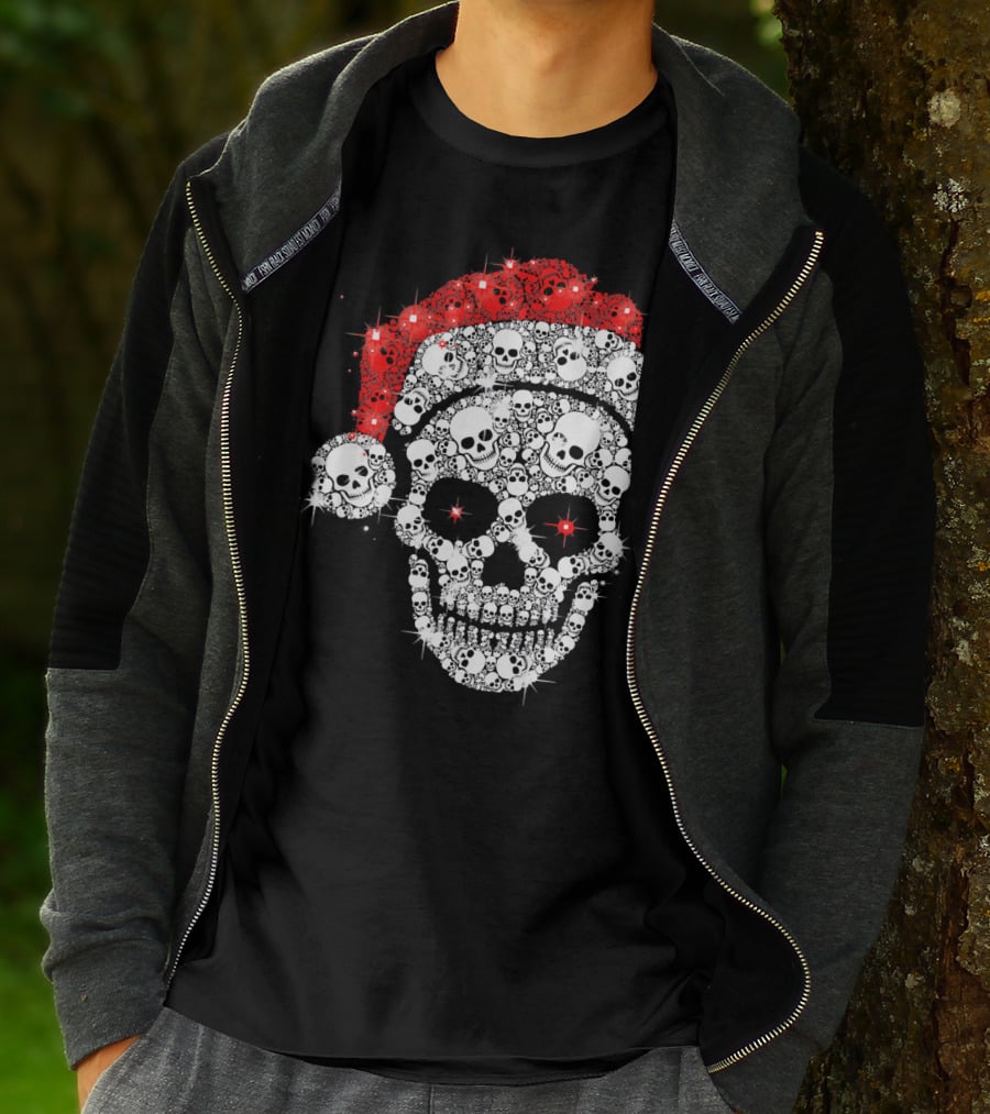 Shiny Skull Rhinestone Santa Hat Christmas Skulls T-Shirt