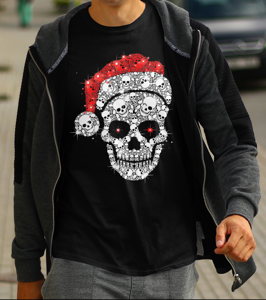 Shiny Skull Rhinestone Santa Hat Christmas Skulls T-Shirt