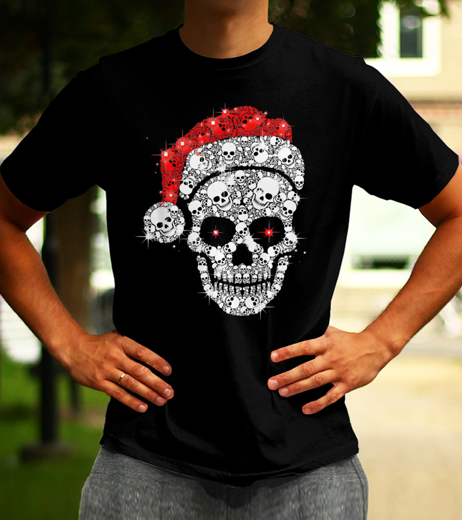 Shiny Skull Rhinestone Santa Hat Christmas Skulls T-Shirt