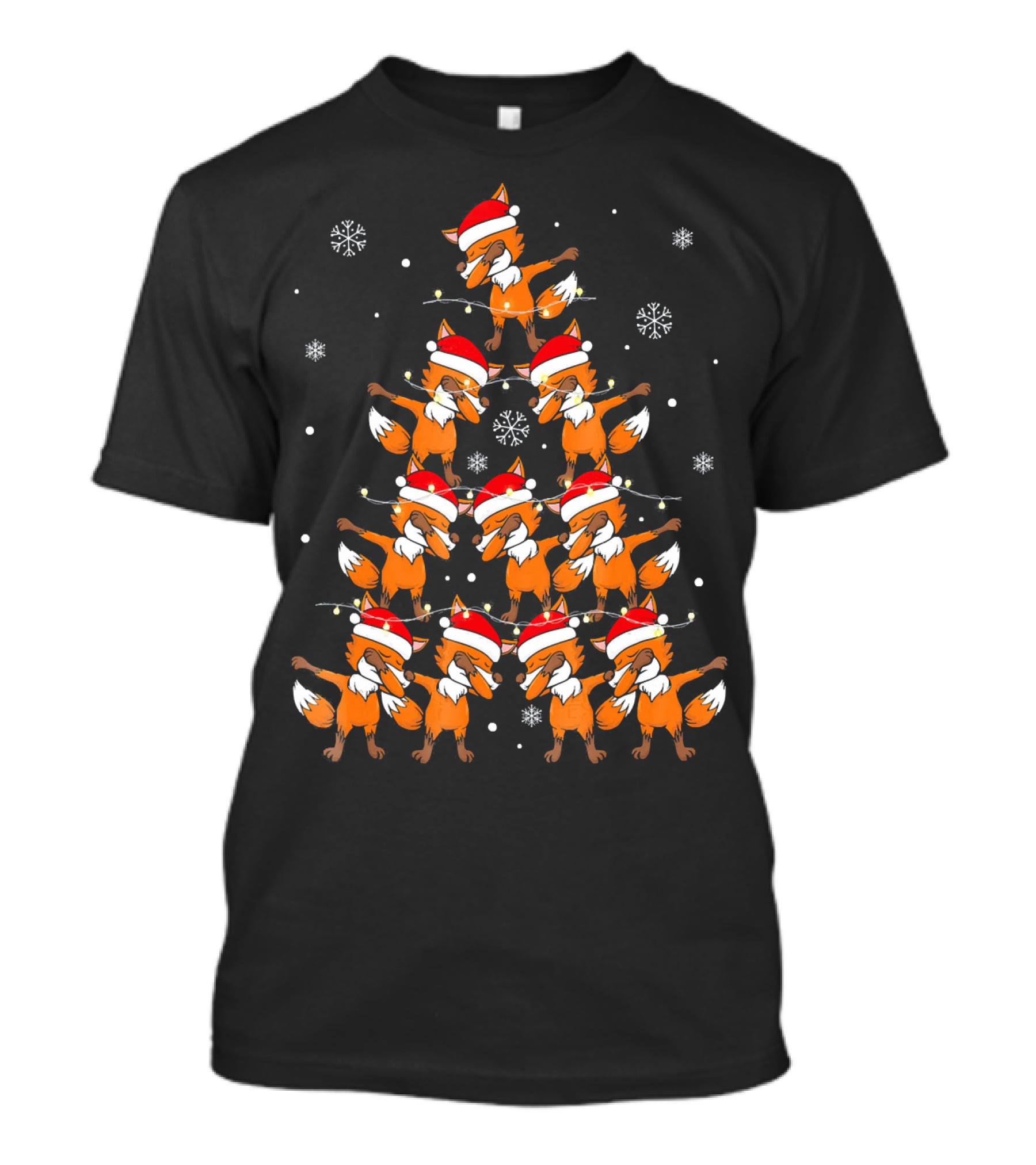 Dabbing Foxes Christmas Tree With Santa Hats And Snowflakes T-Shirt