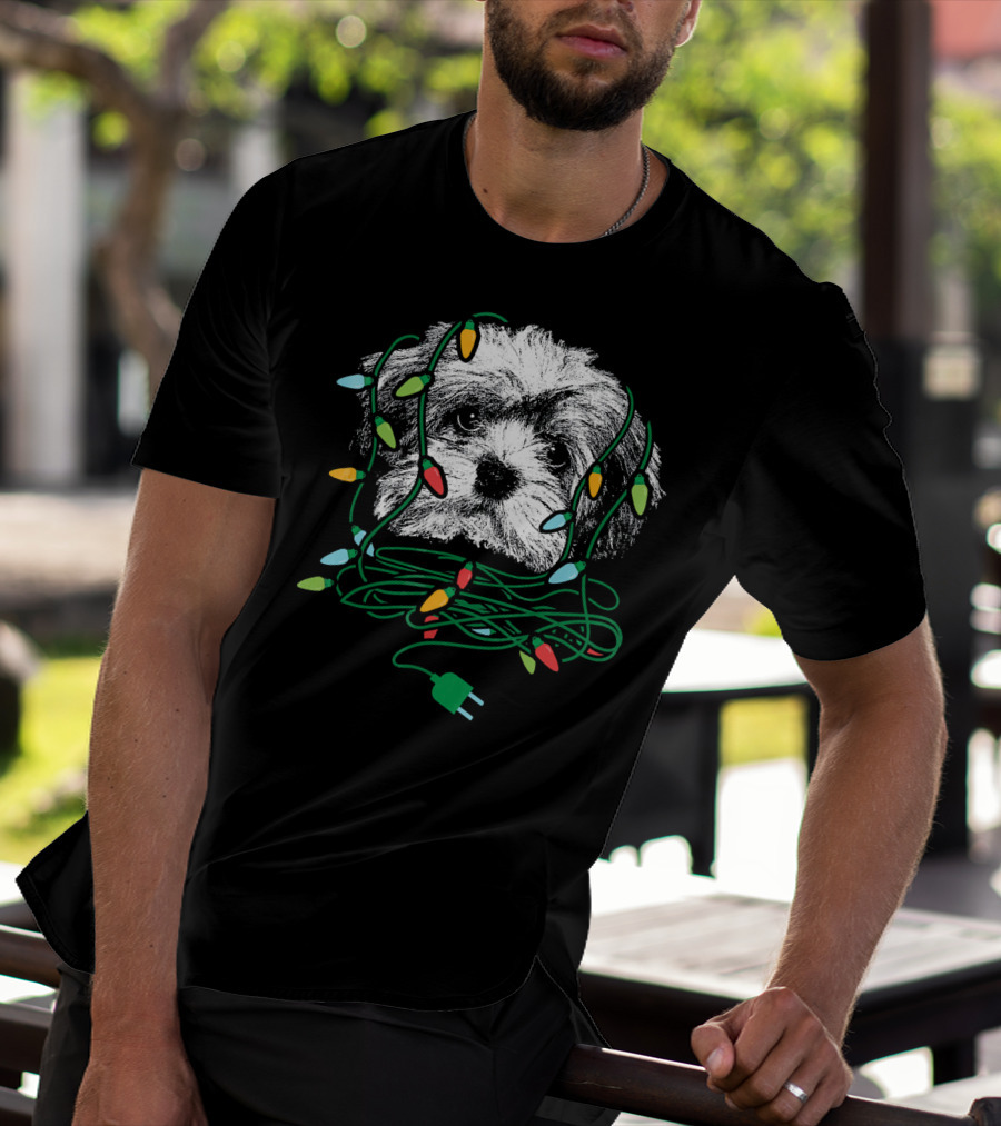 Havanese Puppy Tangled In Colorful Christmas Lights T-Shirt