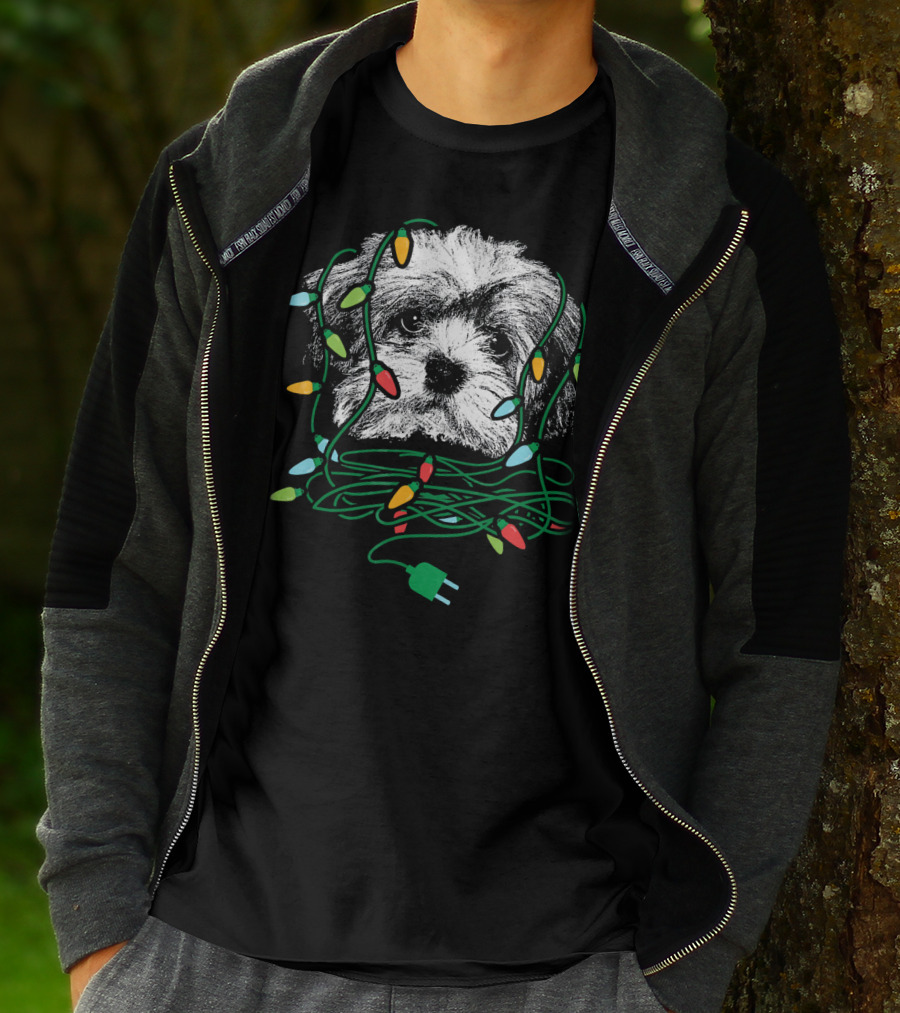 Havanese Puppy Tangled In Colorful Christmas Lights T-Shirt