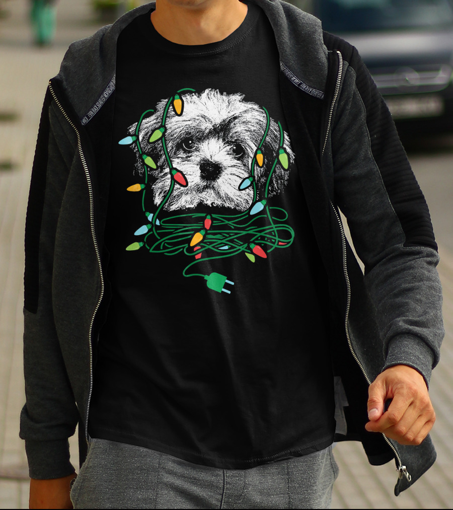 Havanese Puppy Tangled In Colorful Christmas Lights T-Shirt