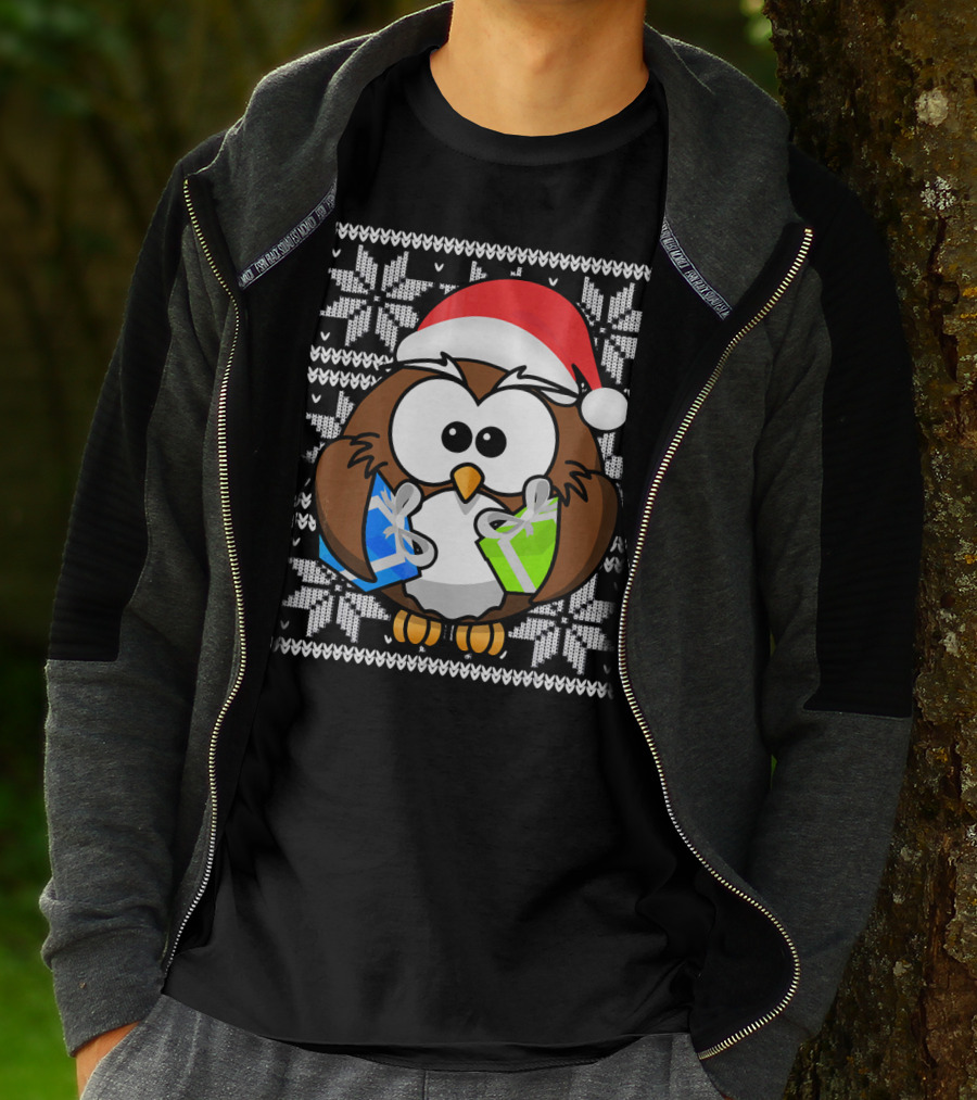 UGLY CHRISTMAS Holiday Owl With Santa Hat And Gifts T-Shirt