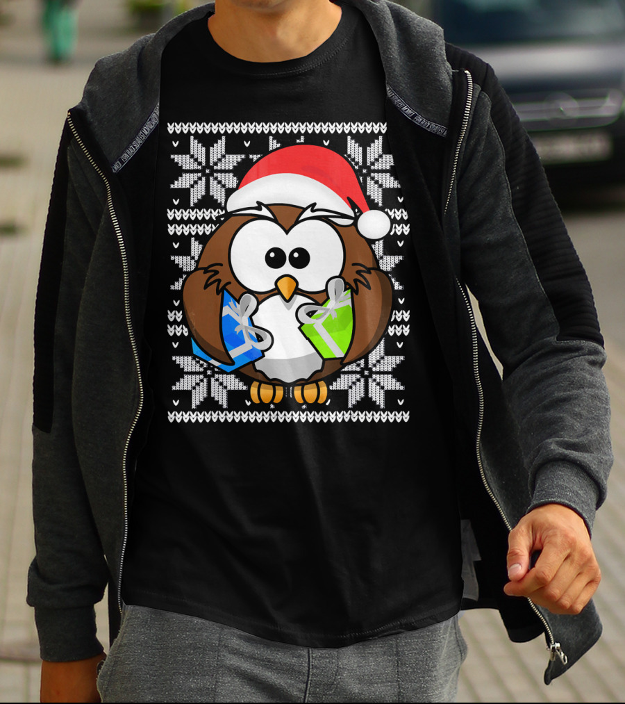 UGLY CHRISTMAS Holiday Owl With Santa Hat And Gifts T-Shirt