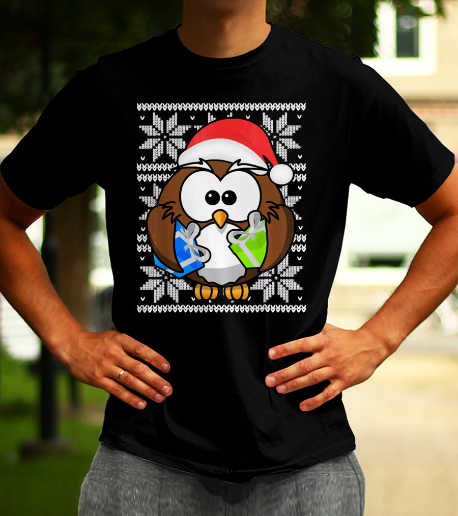 UGLY CHRISTMAS Holiday Owl With Santa Hat And Gifts T-Shirt