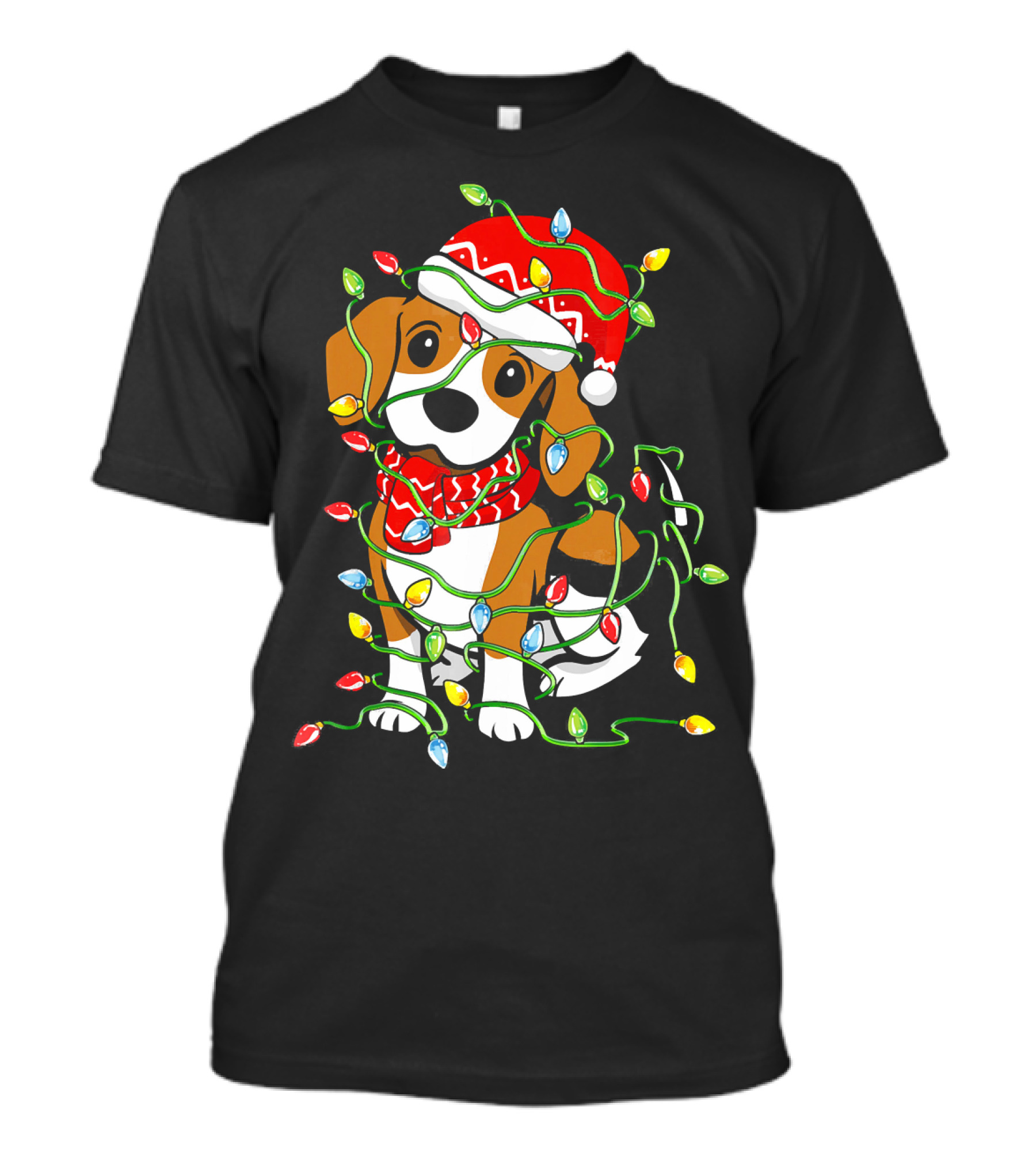 Beagle Wrapped In Christmas Lights Wearing Santa Hat T-Shirt