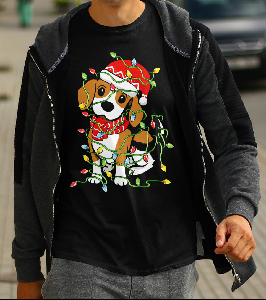 Beagle Wrapped In Christmas Lights Wearing Santa Hat T-Shirt