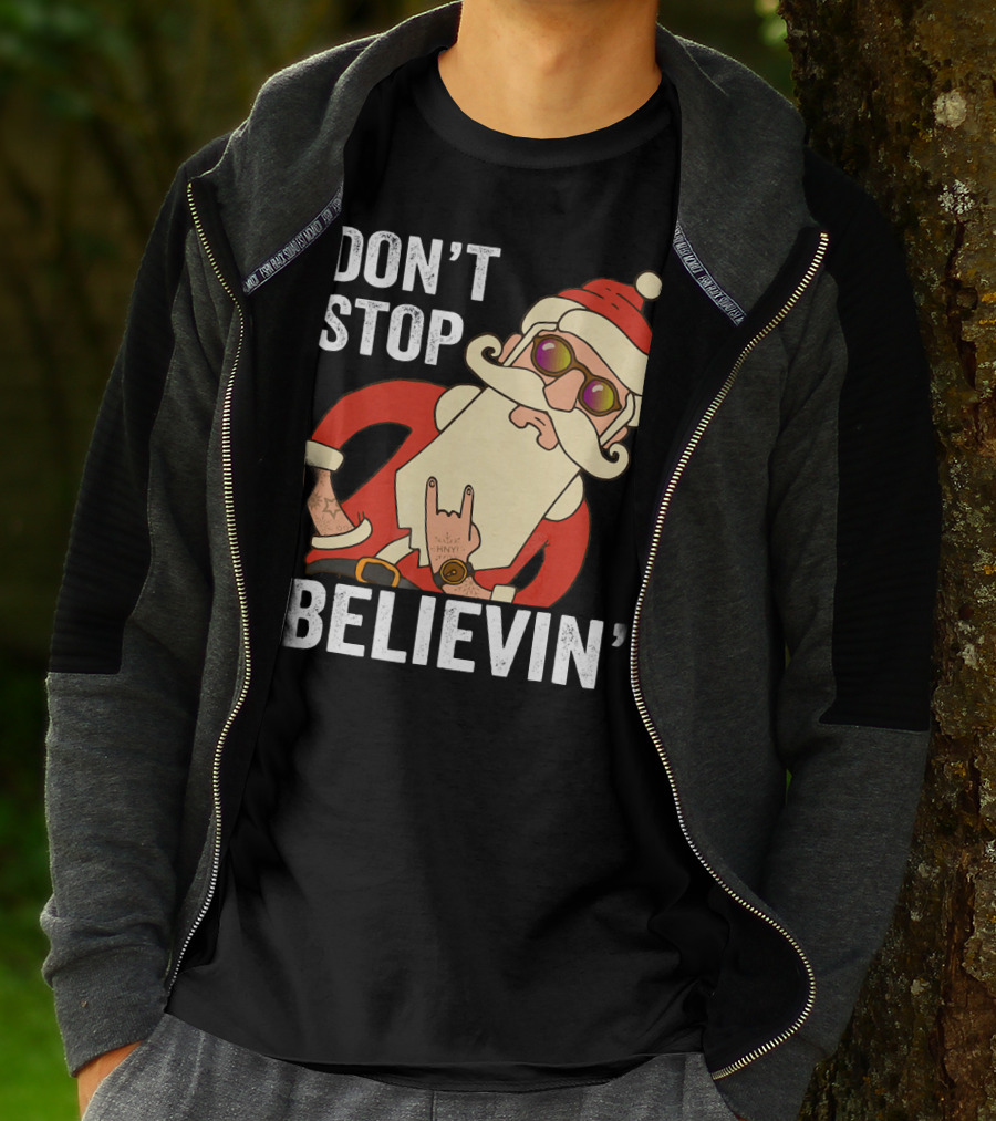 Don't Stop Believin' Santa Rock Hand Gesture T-Shirt