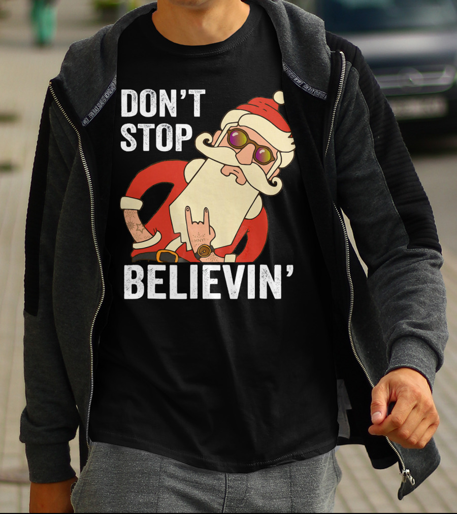 Don't Stop Believin' Santa Rock Hand Gesture T-Shirt