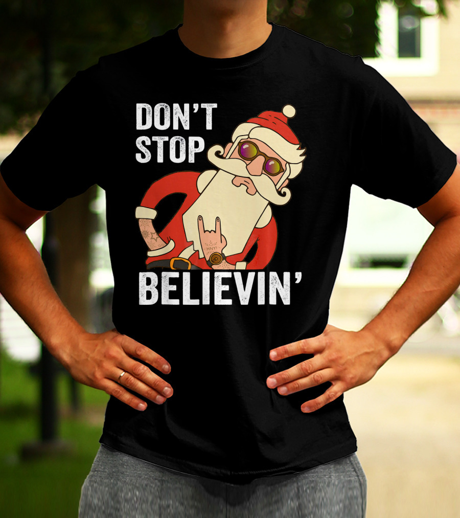 Don't Stop Believin' Santa Rock Hand Gesture T-Shirt