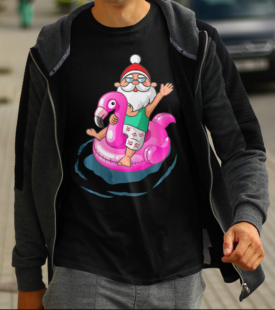 Christmas In July Santa Riding Flamingo Float In Hawaiian Shorts T-Shirt