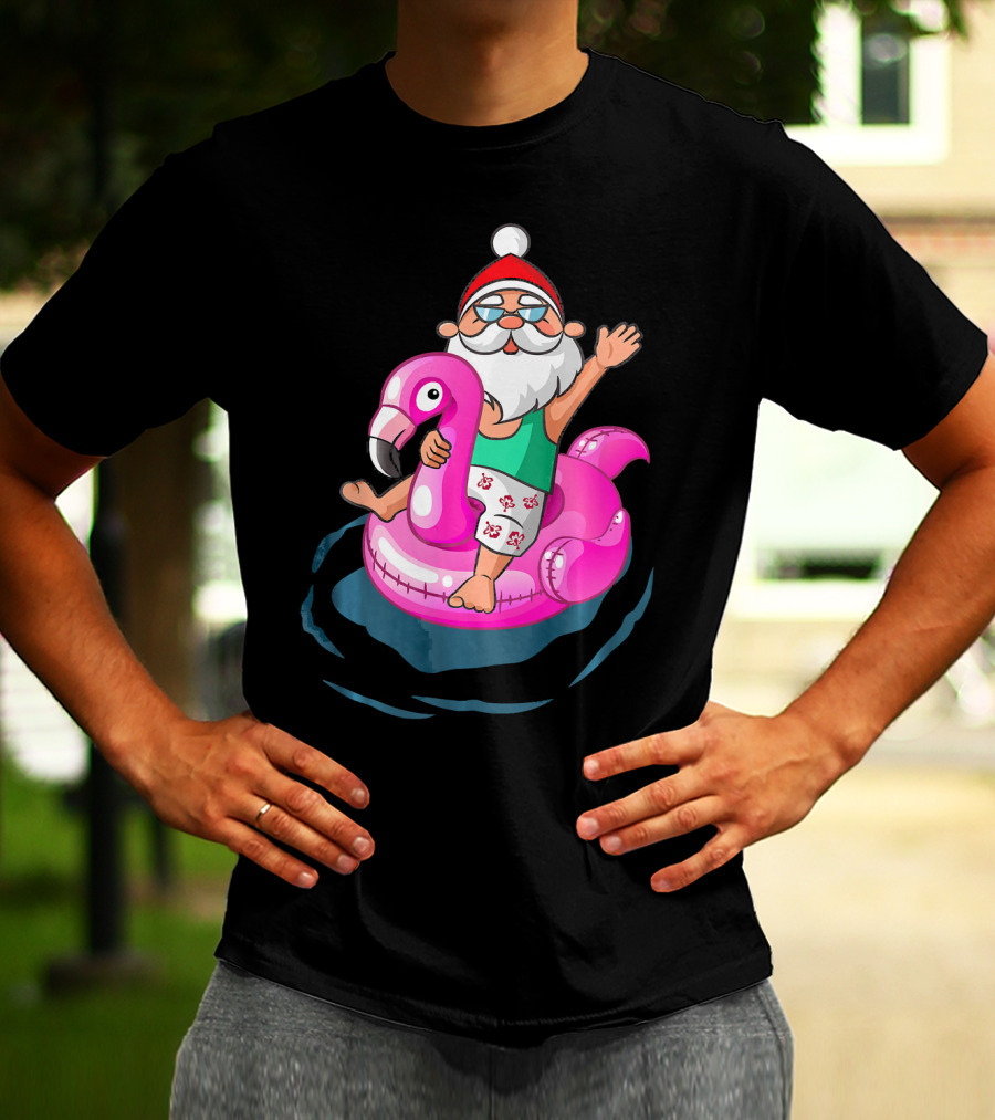 Christmas In July Santa Riding Flamingo Float In Hawaiian Shorts T-Shirt