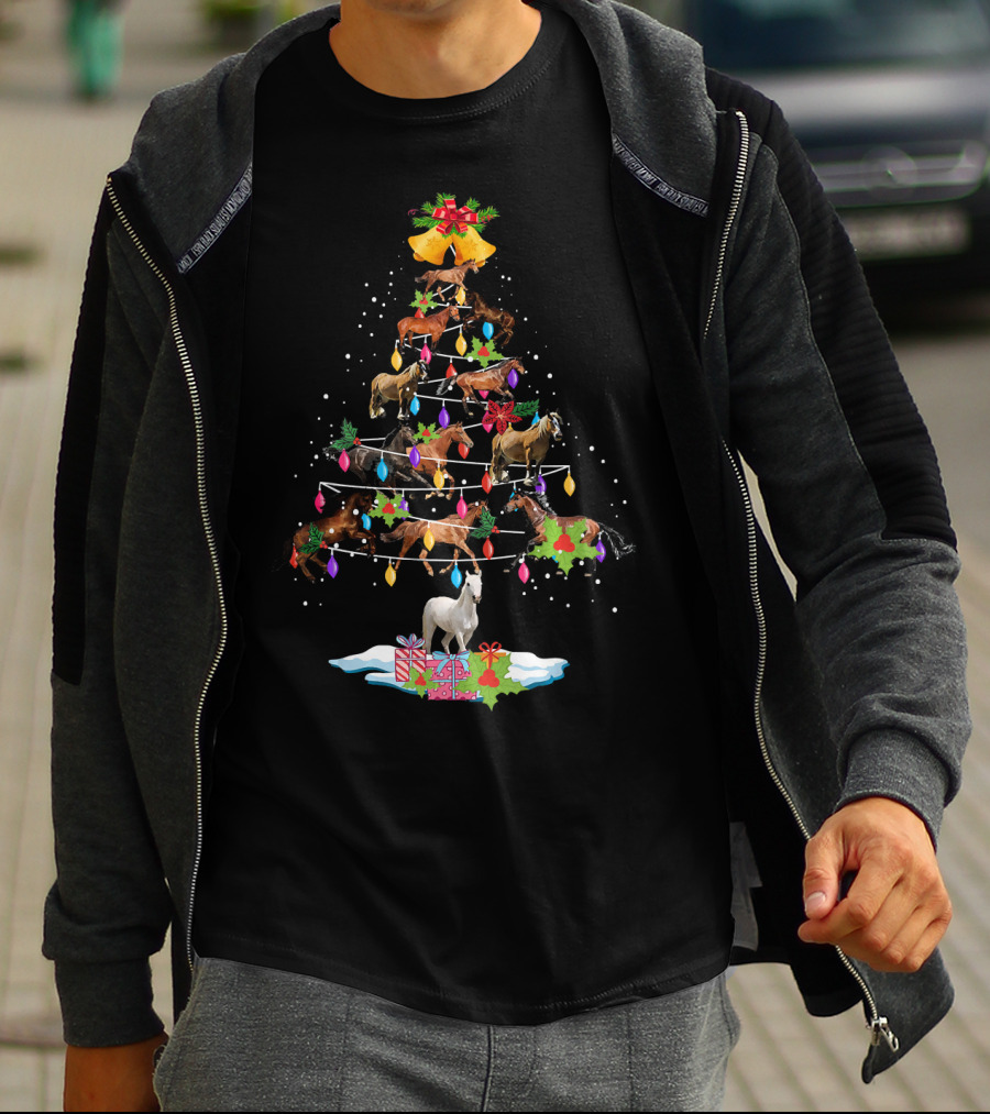 Horse Tree Christmas Candy Cane Ornament Holiday Lights T-Shirt