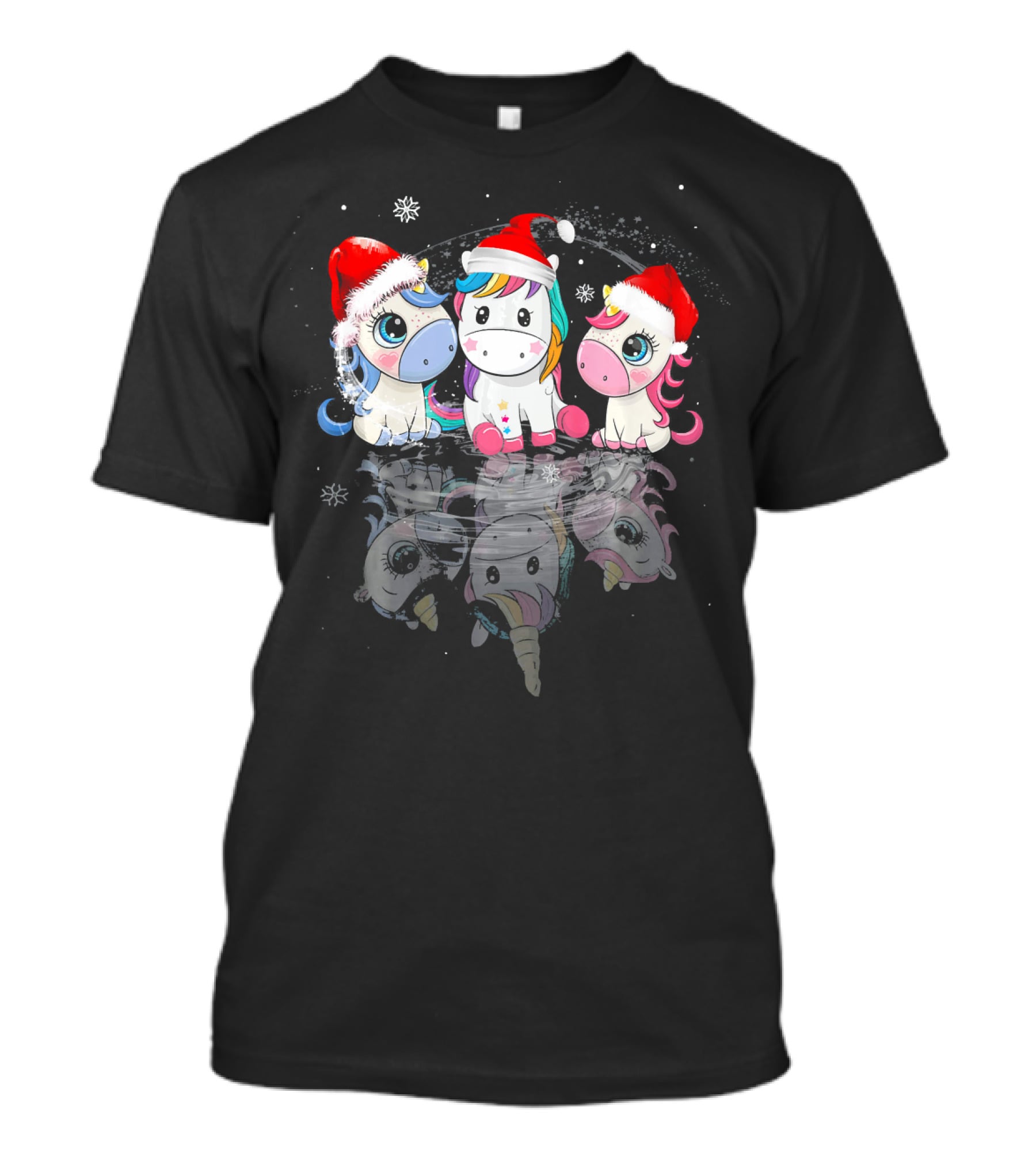 Christmas Santa Hat Funny Three Cute Unicorn Snowflakes T-Shirt